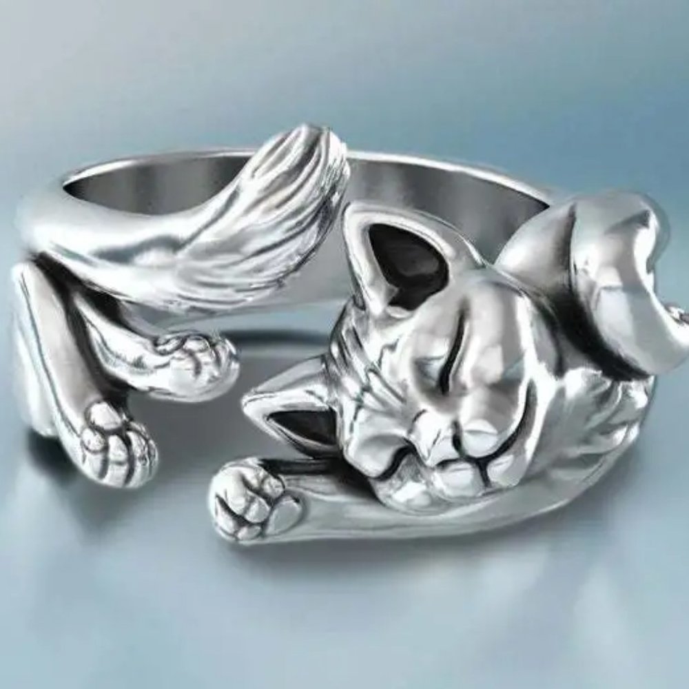 a great FINGER HUGGER -cat ring, so CUTE, in silver metal, sz 6  ,,,,, R51